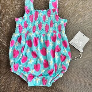 Birdie Bean Girls' Turquoise Strawberry Smocked One-Piece Bodysuit